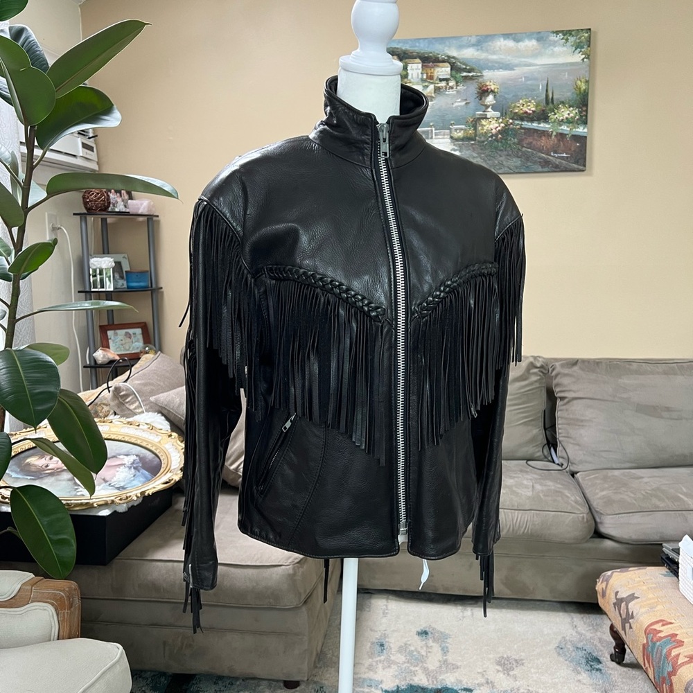 Custom-Made Black Leather Fringe Jacket  Size - S